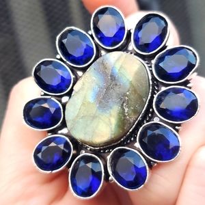 New Overzized Natural Labradorite & Blue Topaz 925 Silver Statement Ring.